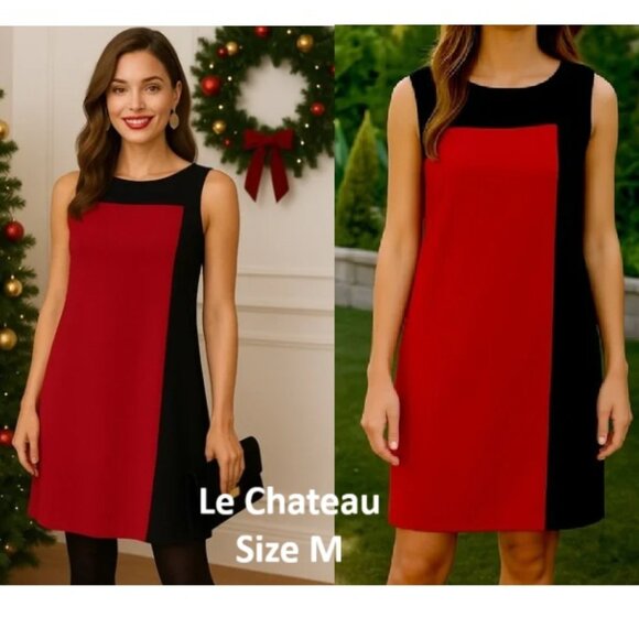 Le Chateau Red & Black Colorblock Shift Midi Dress Women's Size M - Picture 1 of 11